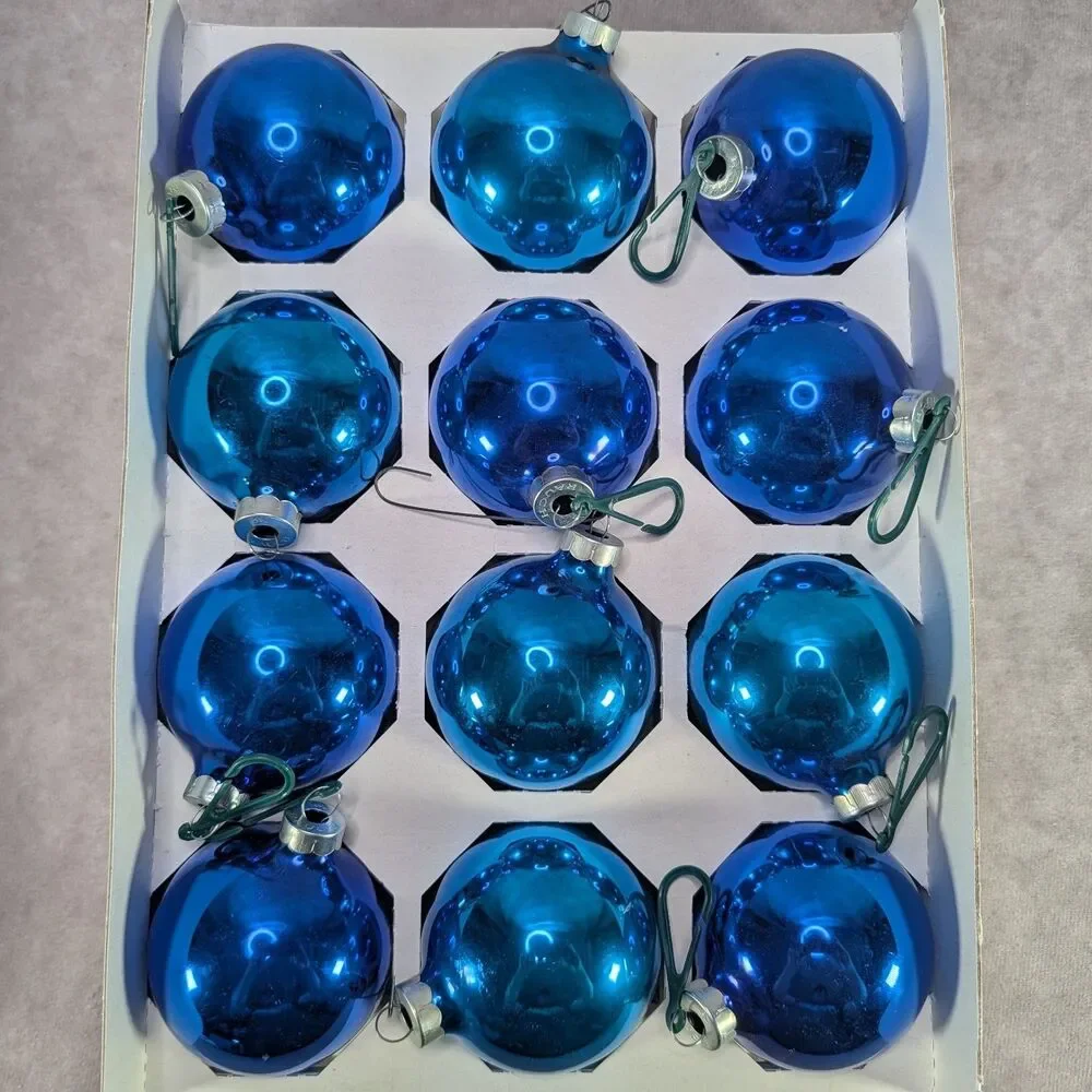 Vintage Pyramid Rauch Blue Glass Christmas Ornaments Shiny Ball Lot 12 Boxed USA